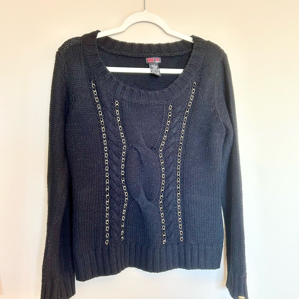 Dex Black Crew Neck Sweater with Textured Knit Pattern
